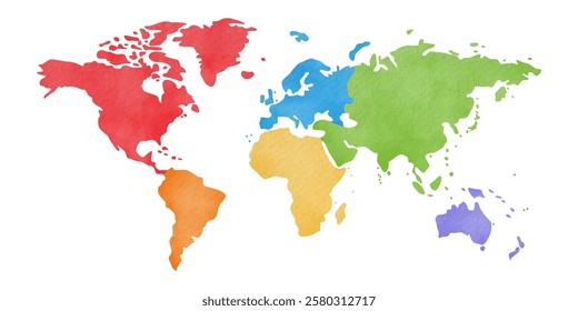 Watercolor world map divided into six continents isolated on white background