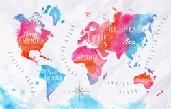 Watercolor World Map In Pink And Blue Colors On A Background Of Crumpled Paper