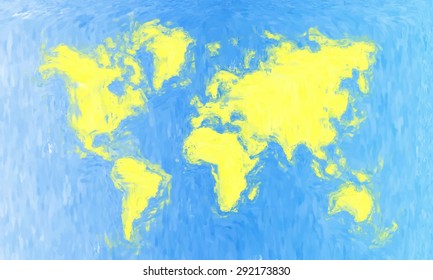 Watercolor world map. Vector illustration. isolated globe map. background for brochures, covers, flyers, invitations, presentations in blue and yellow colors