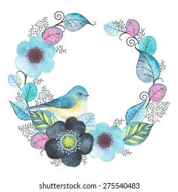 Watercolor wreath with abstraction flowers, leaves and bird Red-flanked bluetail.
