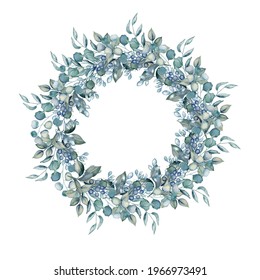 Watercolor Wreath banner with green eucalyptus and leaves for invitation, wedding or greeting card. Hand drawn watercolor style. Vector illustration.