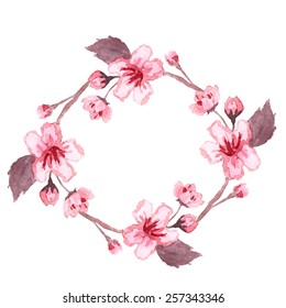 Watercolor wreath of blossom cherry tree branches. Hand drawn japanese flowers on white background. Vector illustration.