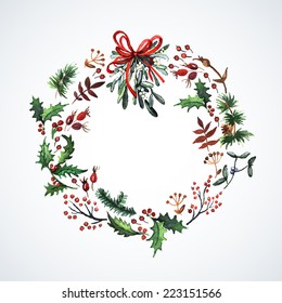 Watercolor wreath with Christmas plants. Watercolor. Christmas decor. Ideal for design Christmas gifts and scrapbooking.  Illustration for greeting cards, invitations, and other printing projects.