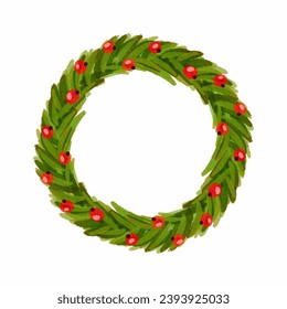 Watercolor wreath with christmas tree branches and holly berries vector