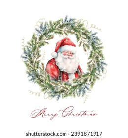 Watercolor Wreath of christmas tree with cute Santa Claus on white background