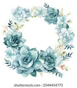 Guirnalda de acuarela hecha a mano de suculentas azules y verdes vibrantes, diseño de Vector de obra maestra floral sobre fondo blanco. Un toque de belleza natural y exquisita creación floral. Hermosa corona