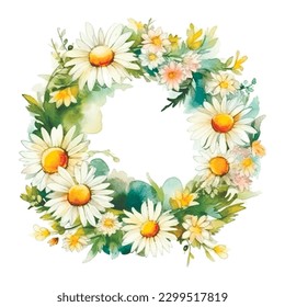 Watercolor wreath of daisies. Chamomile flowers. Painted drawing chamomilies flowers pattern.  Floral wreath. Colorful beautiful round flowery ornament on white background. Isolated artistic design. 