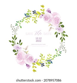 Watercolor wreath design with pastel rose and green leaves. Watercolor hand-painted with floral bouquet isolated on white background. Suitable for wedding card design, invitations, Save the date.