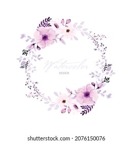 Watercolor wreath design with purple flowers and leaves. Watercolor hand-painted with floral bouquet isolated on white background. Suitable for wedding card design, invitations, Save the date.