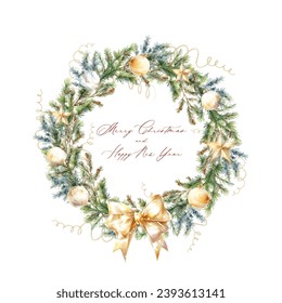 Watercolor wreath of fir branches, christmas gold and white balls and star with text Merry Christmas