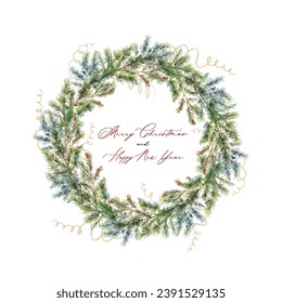 Watercolor wreath of fir branches with text Merry Christmas