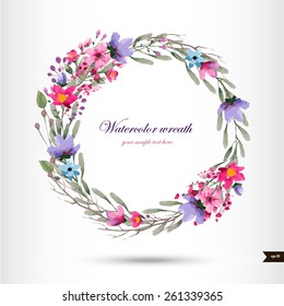 Watercolor Wreath With Flowers,foliage And Branch.Vector Illustration