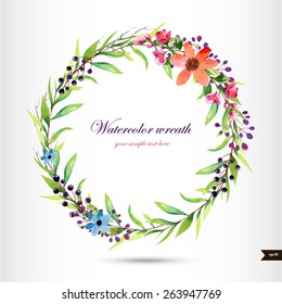 Watercolor wreath with flowers,foliage and branch.Vector illustration
