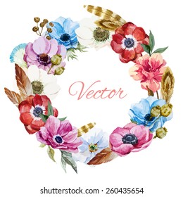 watercolor, wreath frame, anemone, boho, peony,feathers, poppy