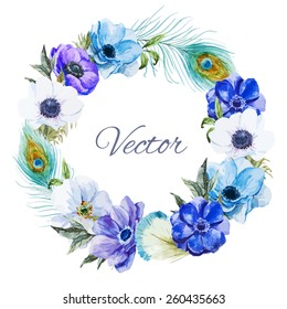 watercolor, wreath frame, anemone, boho, peony, rose,