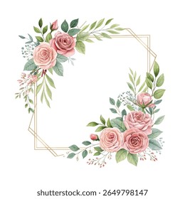 Watercolor wreath frame in circular shape featuring vintage flowers and botanical elements, ideal for invitations, decor, and artistic floral projects