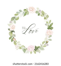 Watercolor wreath frame design with pink roses and leaves. Floral vector arrangements isolated on white background, suitable for wedding invitations, save the date, thank you, or greeting cards.