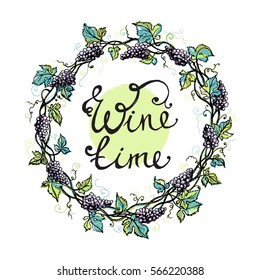 Watercolor wreath from grape and leaves in graphic style hand-drawn vector illustration.