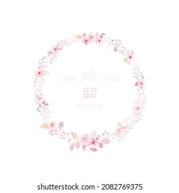 Corazón de agua de flor rosa claro y hojas. Acuarela pintada a mano con marco redondo floral monocromo aislado en fondo blanco. Adecuado para el diseño de la tarjeta de boda, invitación, Guardar la fecha