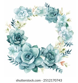 Watercolor wreath with succulent blue flowers and lush green leaves on white background. Beautifully designed wreath with vibrant blue flowers and lush green leaves vector artwork, decorative piece