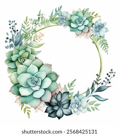 Acuarela corona de suculentas, un toque de elegancia natural a cualquier proyecto. Diseño de Vector de una disposición circular de varias plantas suculentas con detalles exquisitos sobre fondo blanco