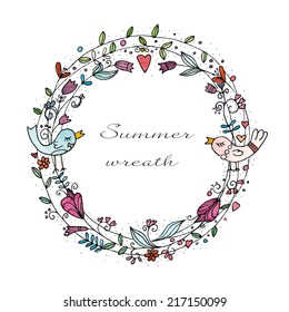 Watercolor wreath with two birds. EPS 10. No transparency. No gradients.