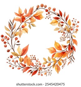 Watercolor wreath of vibrant palette of autumn colors. Kaleidoscope of orange, pink, and crimson hues intricate floral arrangement for festive and seasonal touch vector design