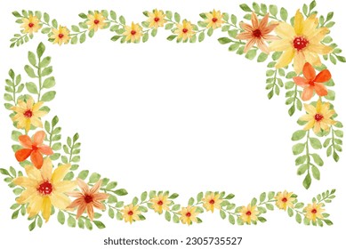 Watercolor wreath of yellow flowers and green leaves