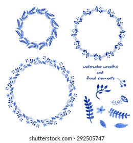 Watercolor Wreaths and floral elements. Vector Illustration