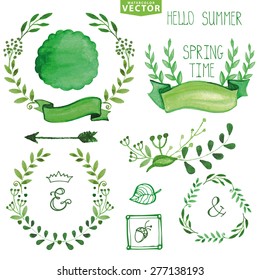 Watercolor wreaths and laurels,decor ribbons,badges set. Hand painted green branches,leaves,petal elements.For design template,invitation,logo. Nature,organic,bio logotype.Vector,spring,summer.