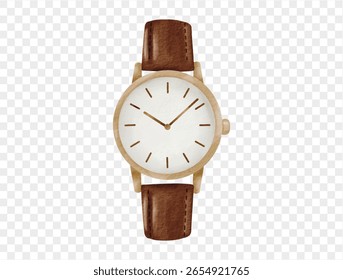 Watercolor wristwatch brown leather strap fashion summer isolated design. Vector.