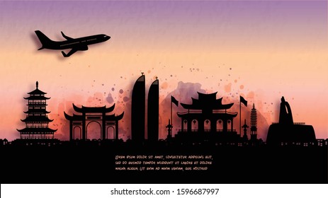 Watercolor of Xiamen, China silhouette skyline and famous landmark. vector illustration.