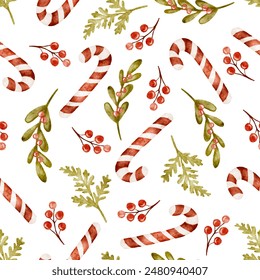 Watercolor xmas seamless pattern, Christmas holiday background red holly berries and candy can