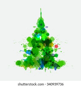 Watercolor xmas tree isolated on the gray background. Christmas tree for post card and posters. Watercolor painting imitation with spots and blur. Cute vector illustration for your design.