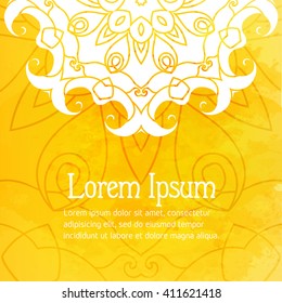 Watercolor yellow background with mandala pattern. Grunge background with white ornament. Free place for your text. Vector illustration