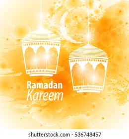 Watercolor yellow blob illustration Ramadan kareem. Beautiful islamic stylized lantern traditional greeting card wishes holy month mubarak and karim muslim. Star and moon with lamp light.