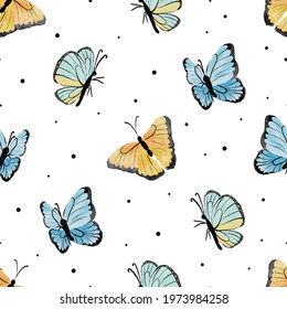 watercolor yellow and blue butterfly seamless pattern eps10 vectors illustration