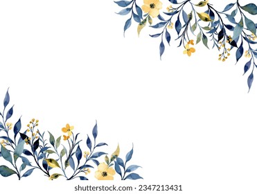 Marco floral azul acuarela amarillo para bodas, cumpleaños, tarjeta, fondo, invitación, papel pintado, pegatina, decoración, etc.