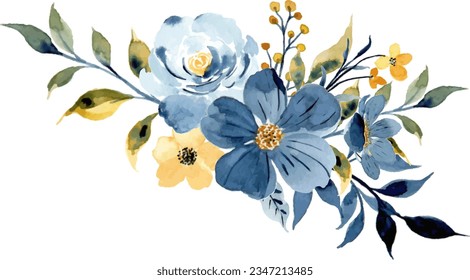 Watercolor yellow blue flower bouquet for background, wedding, fabric, textile, greeting, card, wallpaper, banner, sticker, decoration etc.