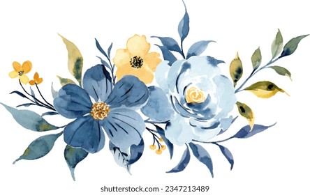 Watercolor yellow blue flower bouquet for background, wedding, fabric, textile, greeting, card, wallpaper, banner, sticker, decoration etc.