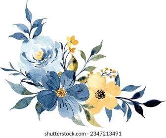 Watercolor yellow blue flower bouquet for background, wedding, fabric, textile, greeting, card, wallpaper, banner, sticker, decoration etc.