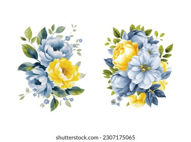 Watercolor yellow and blue flowers set , vintage vector