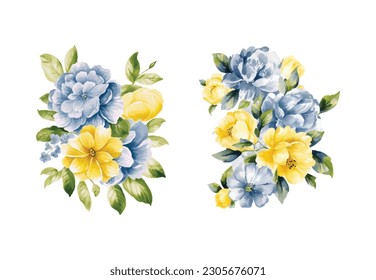 Aquarellgelbe und blaue Blumen, Vintage-Vektorgrafik