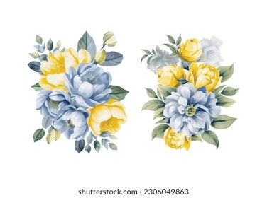 Flores color agua amarillo y azul, vectorial vintage