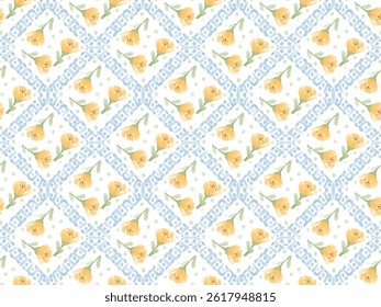 watercolor yellow cosmos flower block seamless pattern background