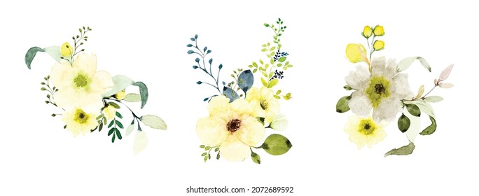 Colores de flores amarillo acuático. Composición botánica acuarela pintada a mano en fondo blanco, adecuado para el diseño de tarjetas, boda, invitaciones, saludo, Guardar la fecha.