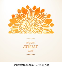 Watercolor yellow gold sunflower on white background and place for text. Sunny card or invitation. Logo template. Vector isolated illustration