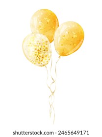 Watercolor yellow golden bunch  flying balloons. Vector illustration for design  birthday, parties and celebrations, isolated on white background.