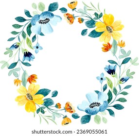 Watercolor yellow green floral wreath for wedding, birthday, card, background, invitation, wallpaper, sticker, decoration etc.