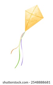 Watercolor yellow kite with ribbons of different colors. Vector  illustration